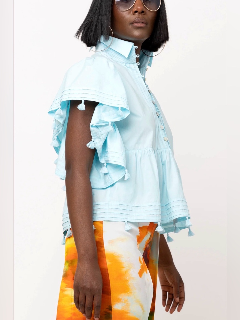 Tracy Reese Light Blue Button-Front Peplum Top